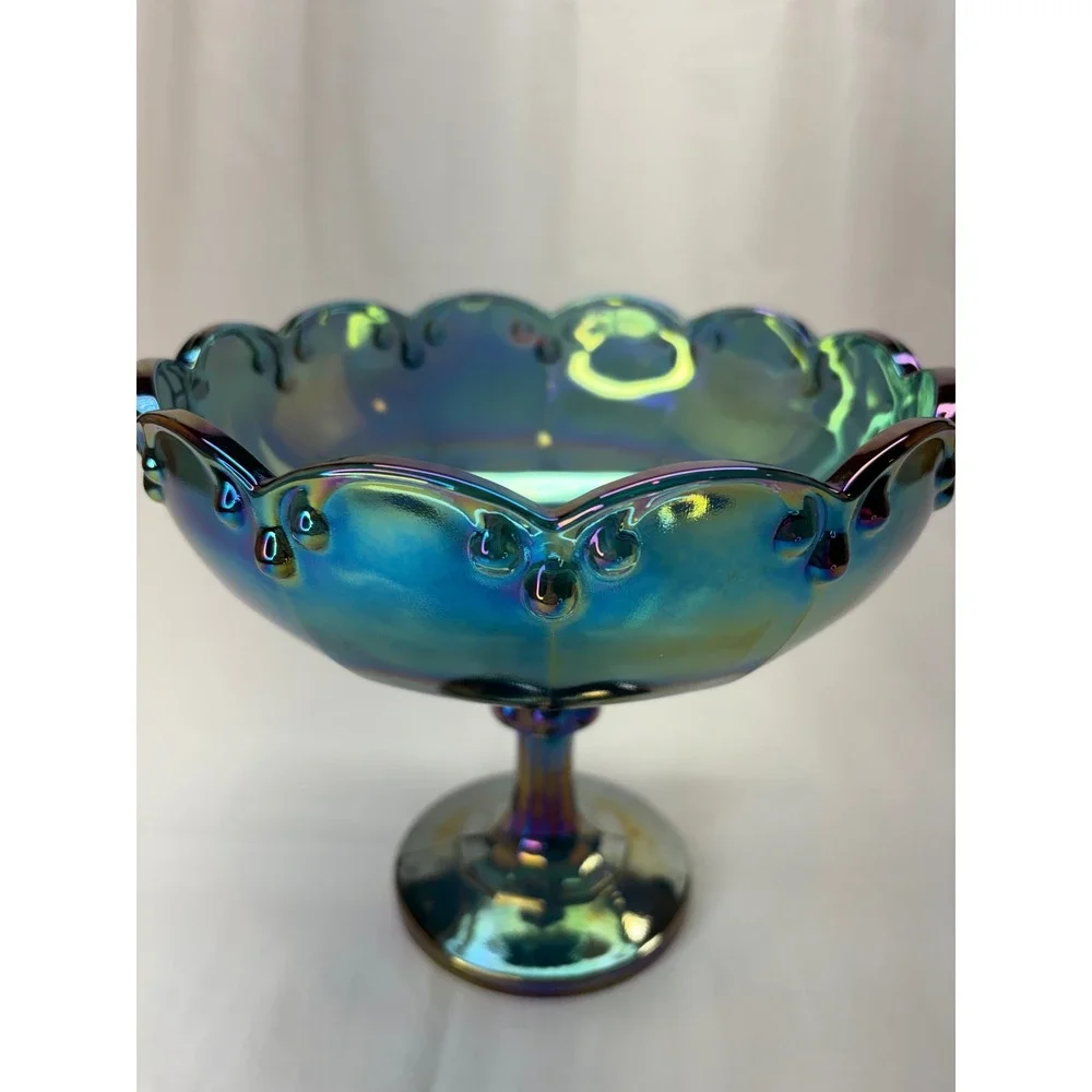 Vtg Iridescent Blue Carnival Glass Compote Scalloped Pedestal Candy Dish 7.25